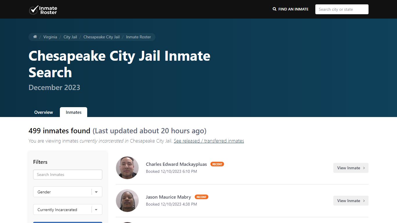 Current Inmate Roster for Today | Chesapeake City Jail